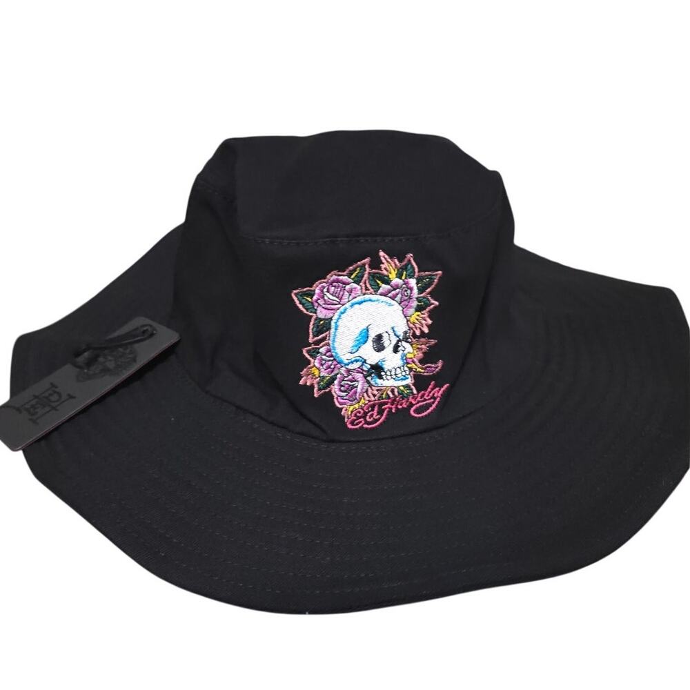 Ed Hardy Skull Roses Black Bucket Hat One Size Embroidered Y2K NWT NEW